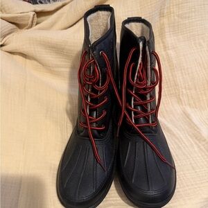 Dirty Laundry Black Duck Boots with Red Laces